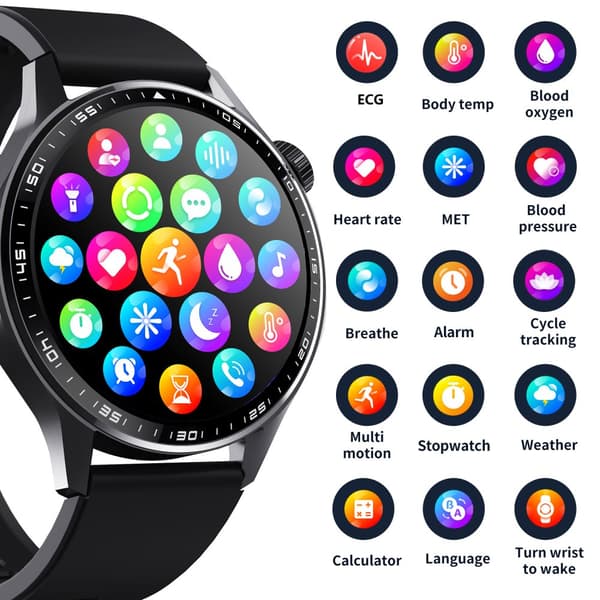 INF Smartwatch med EKG, pulsmåler, blodtryksmåler og skridttæller Black Bamboo Edition rem