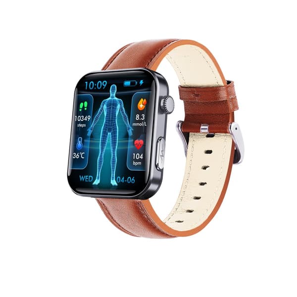 INF Smartwatch syke- ja verenpainemittarilla, veren happisaturaatiolla ja askelmittarilla Musta ja ruskea nahkaranneke