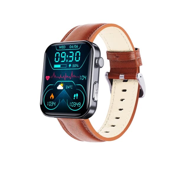 INF Smartwatch syke- ja verenpainemittarilla, veren happisaturaatiolla ja askelmittarilla Musta ja ruskea nahkaranneke