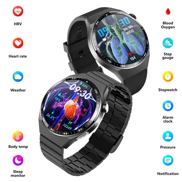 INF Smartwatch med EKG, kropskompositionsanalyse, blodsammensætningsanalyse (urinsyre, blodlipider) Black Bamboo Edition rem
