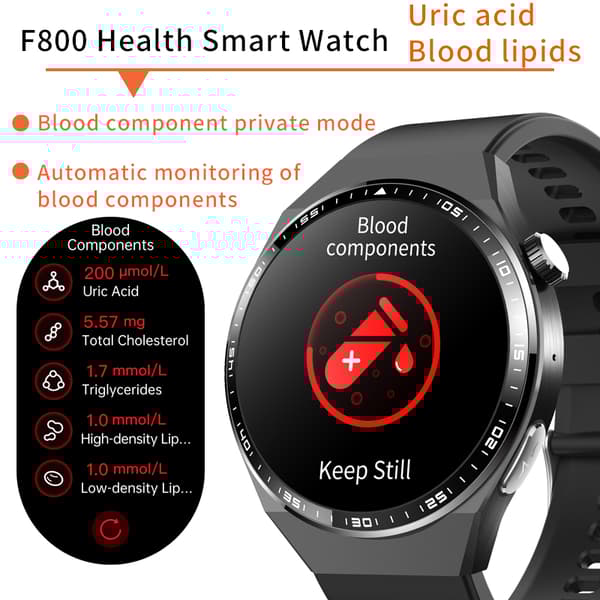 INF Smartwatch med EKG, kropskompositionsanalyse, blodsammensætningsanalyse (urinsyre, blodlipider) Black Bamboo Edition rem