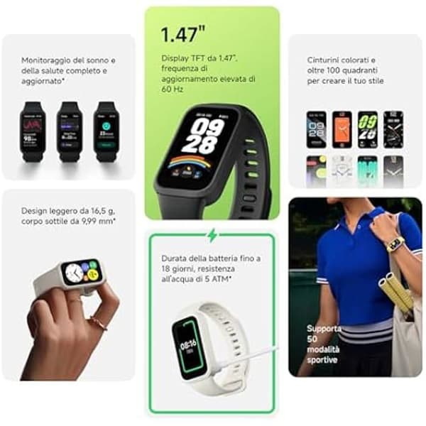 Anslutet armband - Xiaomi - Smart Band 9 Active - AMOLED-skärm - Aktivitetsspårning - 5 ATM vattentät