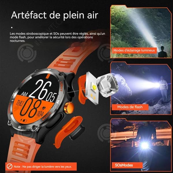 INN Smart Watch 1,53 tum 500 mah 3atm Vattentät 360x360p Bluetooth 5,3 128MB minne Smart Watch med ficklampa