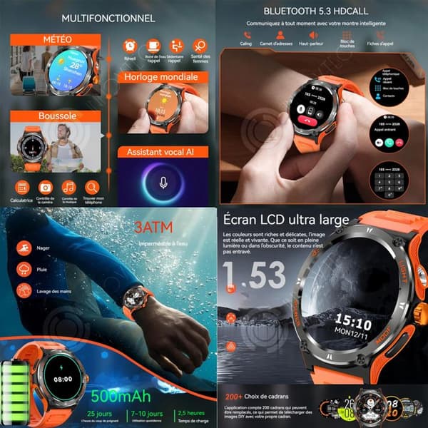 INN Smart Watch 1,53 tum 500 mah 3atm Vattentät 360x360p Bluetooth 5,3 128MB minne Smart Watch med ficklampa