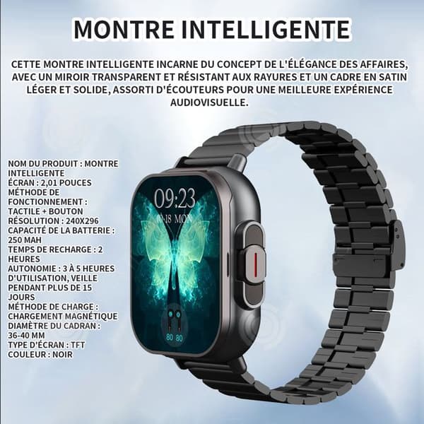 INN Smart Watch 2,01 tums skärm Bluetooth Call Watch Pekskärmsklocka 240x296 250mah Watch Hörlur 2-i-1 Svart