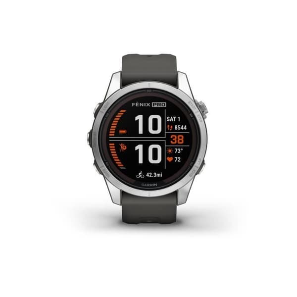 GARMIN - Fenix 7S Pro Solar Edition - Högpresterande ansluten klocka - Stål, Silver med grå rem
