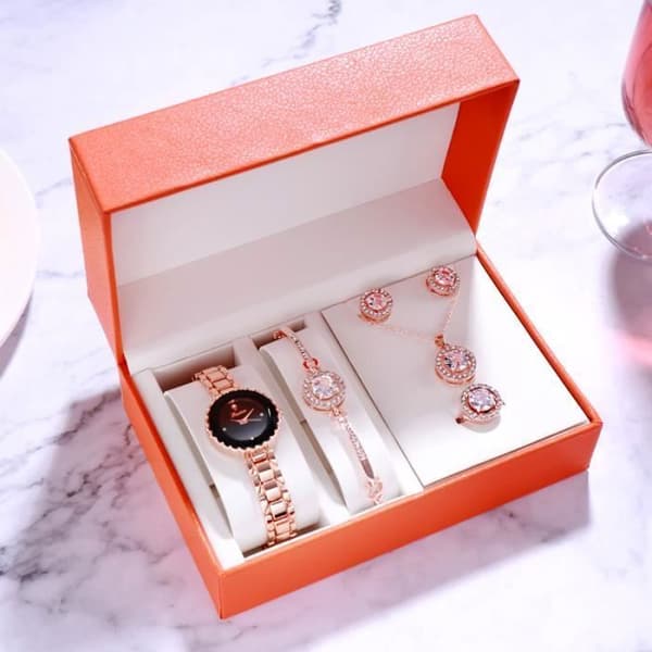 TD® Kvartsklocka presentset för kvinnor - Örhängen - Ring - Halsband - Armband roséguldpläterad Vattentät raffinerad strass