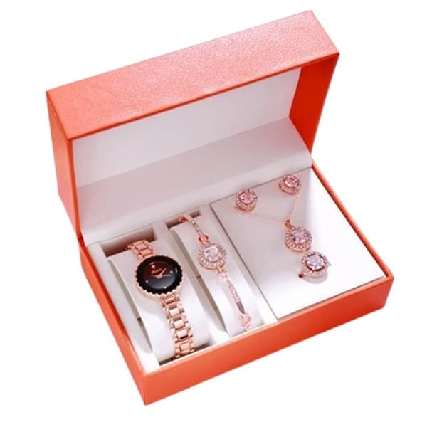 TD® Kvartsklocka presentset för kvinnor - Örhängen - Ring - Halsband - Armband roséguldpläterad Vattentät raffinerad strass