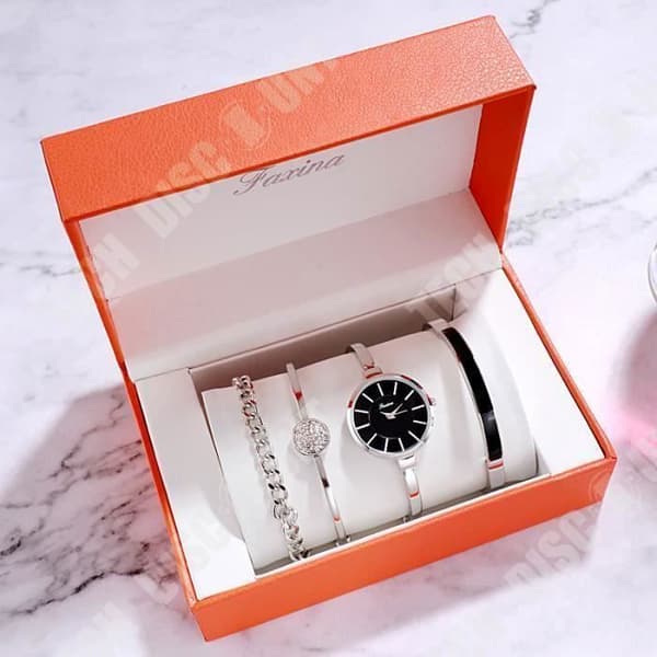 TD® presentset som innehåller en kvartsklocka och tre damarmband - vattentät - 4 delar, färger silver och svart analog