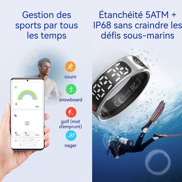 INN Smart Ring IP68 vattentät Bluetooth 5.3 med pekskärm, magnetisk laddning, hälsoring, ansluten ring