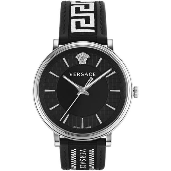 Kvartsklocka för män - VERSACE - V-Circle VE5A01321 - Svart - Läder - Rostfritt stål - 42 mm