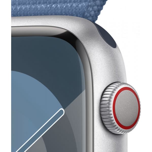 Apple Watch Series 9 (GPS + Cellular) 45 mm hopeanvärinen alumiinikuori ja talvensininen Sport Loop -ranneke (MRMJ3)