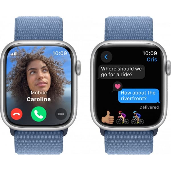 Apple Watch Series 9 (GPS + Cellular) 45 mm hopeanvärinen alumiinikuori ja talvensininen Sport Loop -ranneke (MRMJ3)