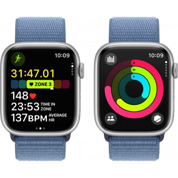 Apple Watch Series 9 (GPS + Cellular) 45 mm hopeanvärinen alumiinikuori ja talvensininen Sport Loop -ranneke (MRMJ3)