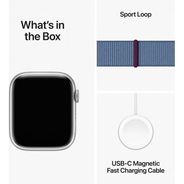 Apple Watch Series 9 (GPS + Cellular) 45 mm hopeanvärinen alumiinikuori ja talvensininen Sport Loop -ranneke (MRMJ3)