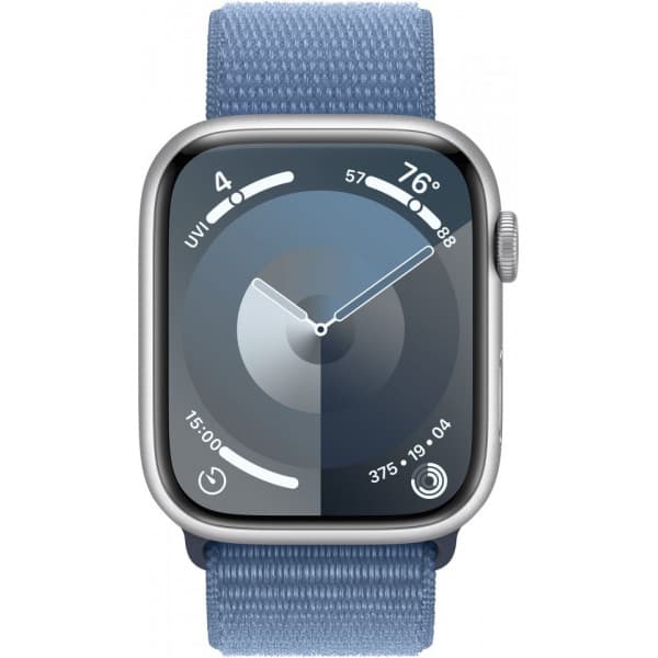 Apple Watch Series 9 (GPS + Cellular) 45 mm hopeanvärinen alumiinikuori ja talvensininen Sport Loop -ranneke (MRMJ3)