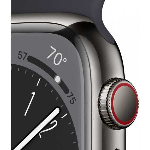 Apple Watch Series 8 (GPS + Cellular) 41 mm grafiitinvärinen ruostumaton teräskuori ja keskiyönsininen urheiluranneke (MNJJ3)