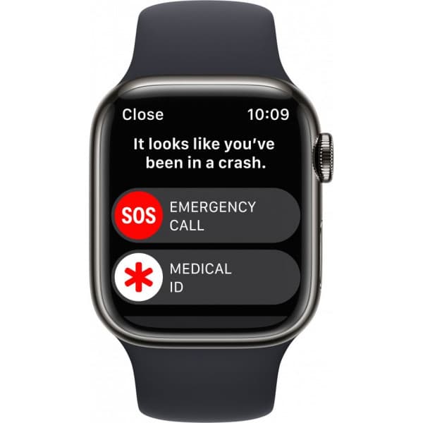 Apple Watch Series 8 (GPS + Cellular) 41 mm grafiitinvärinen ruostumaton teräskuori ja keskiyönsininen urheiluranneke (MNJJ3)