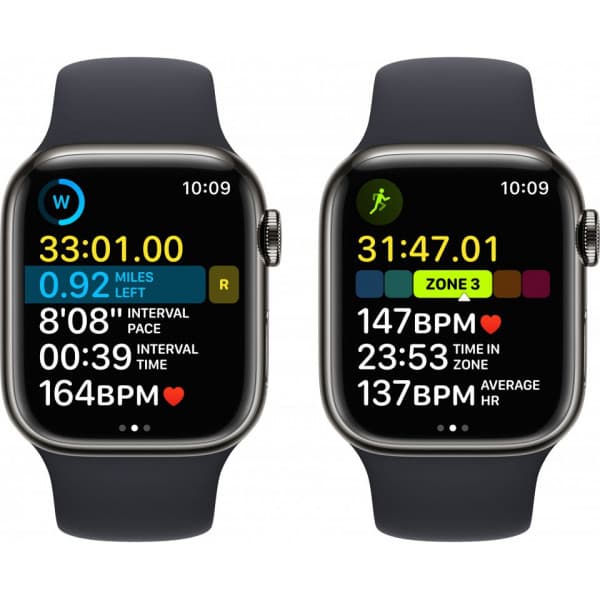 Apple Watch Series 8 (GPS + Cellular) 41 mm grafiitinvärinen ruostumaton teräskuori ja keskiyönsininen urheiluranneke (MNJJ3)