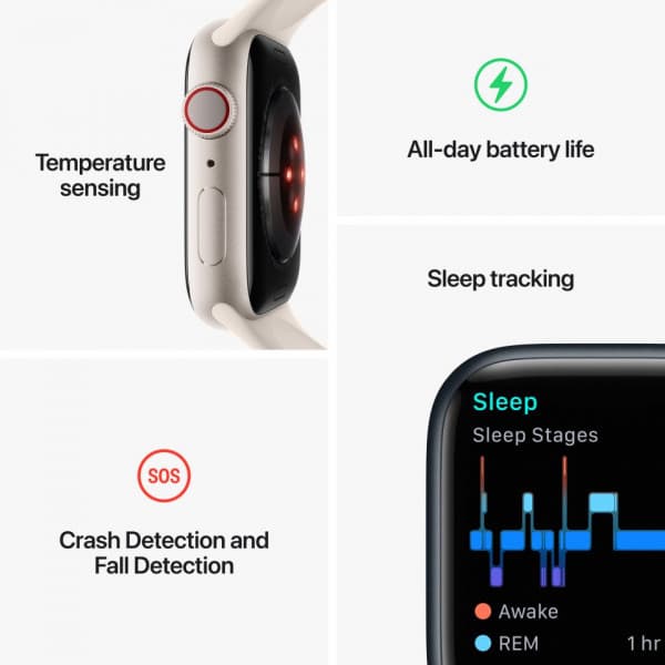 Apple Watch Series 8 (GPS + Cellular) 41 mm grafiitinvärinen ruostumaton teräskuori ja keskiyönsininen urheiluranneke (MNJJ3)