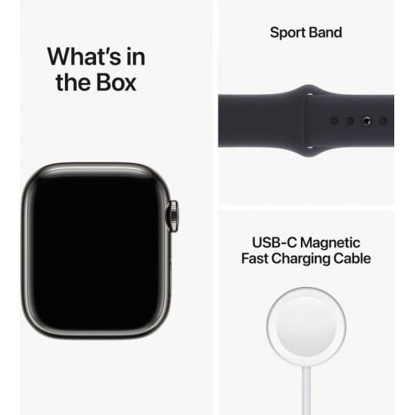 Apple Watch Series 8 (GPS + Cellular) 41 mm grafiitinvärinen ruostumaton teräskuori ja keskiyönsininen urheiluranneke (MNJJ3)