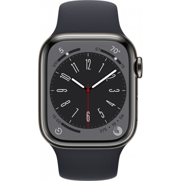 Apple Watch Series 8 (GPS + Cellular) 41 mm grafiitinvärinen ruostumaton teräskuori ja keskiyönsininen urheiluranneke (MNJJ3)