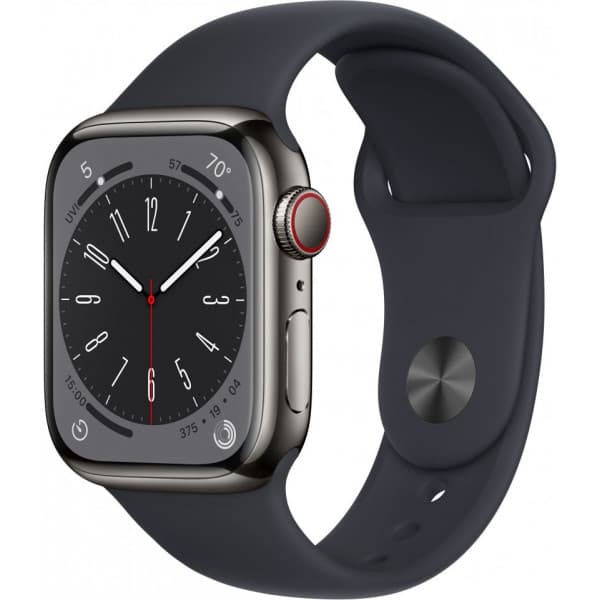 Apple Watch Series 8 (GPS + Cellular) 41 mm grafiitinvärinen ruostumaton teräskuori ja keskiyönsininen urheiluranneke (MNJJ3)