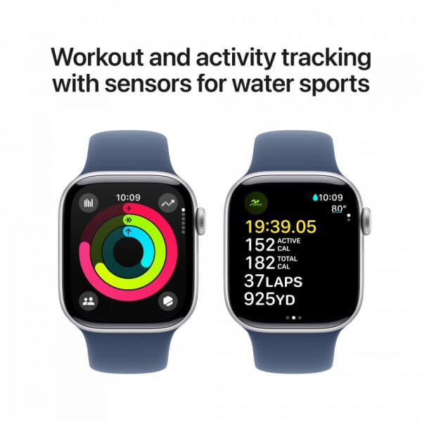 Apple Watch Series 10 (GPS) 42 mm silver aluminiumkropp och mörkblå sportarmband, M/L (MWWC3)