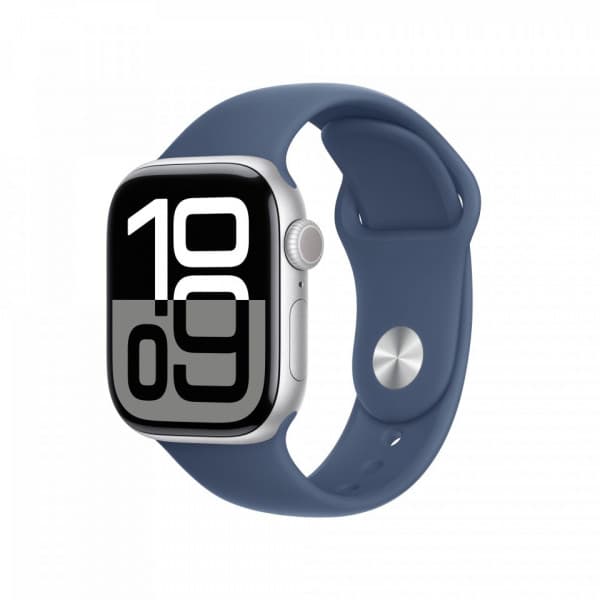 Apple Watch Series 10 (GPS) 42 mm silver aluminiumkropp och mörkblå sportarmband, M/L (MWWC3)