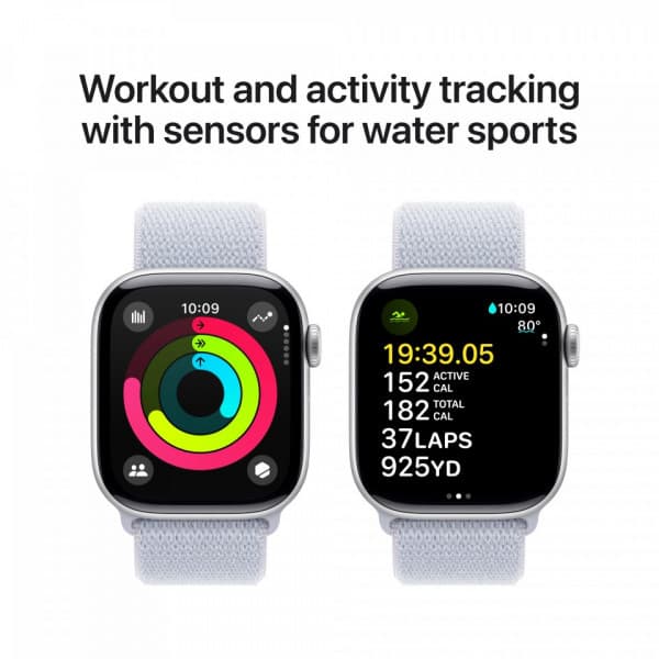 Apple Watch Series 10 (GPS) 42 mm hopea alumiinikuori ja sinertävä Sport Loop -ranneke (MWWD3)