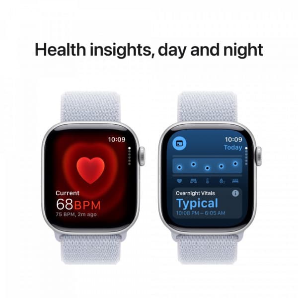 Apple Watch Series 10 (GPS) 42 mm hopea alumiinikuori ja sinertävä Sport Loop -ranneke (MWWD3)