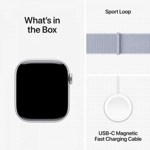 Apple Watch Series 10 (GPS) 42 mm hopea alumiinikuori ja sinertävä Sport Loop -ranneke (MWWD3)