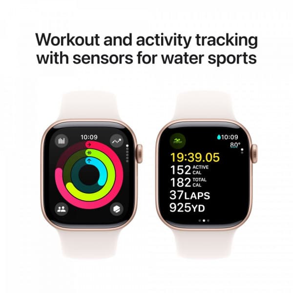 Apple Watch Series 10 (GPS) 42 mm roséguld aluminiumhölje och rödaktigt sportarmband, M/L (MWWJ3)