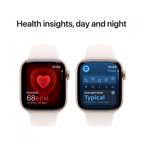 Apple Watch Series 10 (GPS) 42 mm roséguld aluminiumhölje och rödaktigt sportarmband, M/L (MWWJ3)