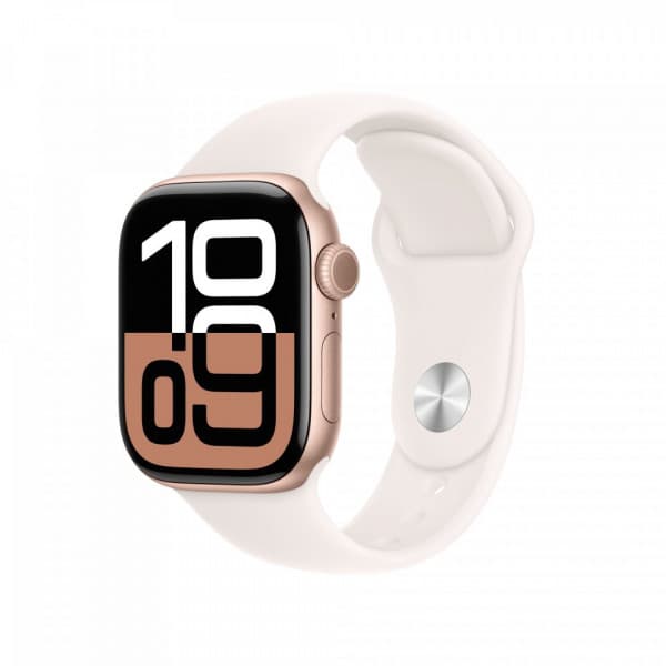 Apple Watch Series 10 (GPS) 42 mm roséguld aluminiumhölje och rödaktigt sportarmband, M/L (MWWJ3)