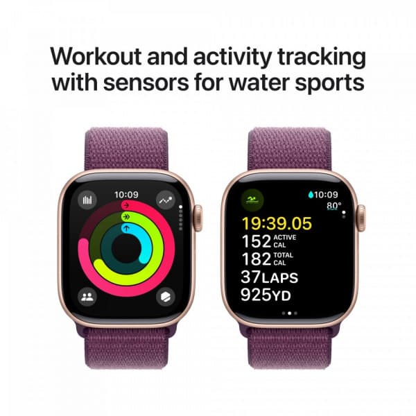 Apple Watch Series 10 (GPS) 42 mm roséguldfärgad aluminiumhölje och blålila Sport Loop-armband (MWWK3)