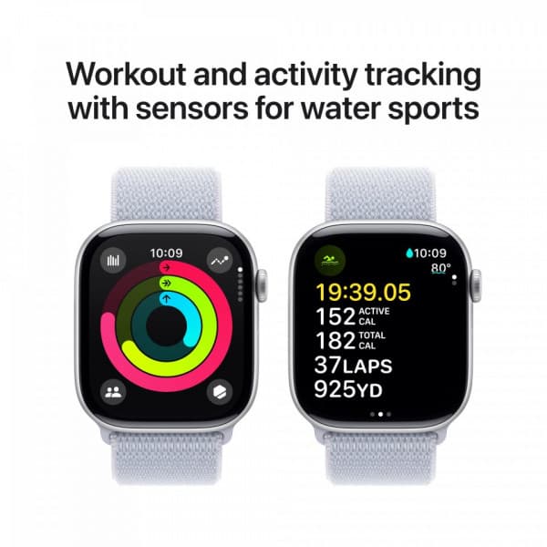 Apple Watch Series 10 (GPS) 46 mm silver aluminiumkapsel och blåaktigt Sport Loop-armband (MWWN3)