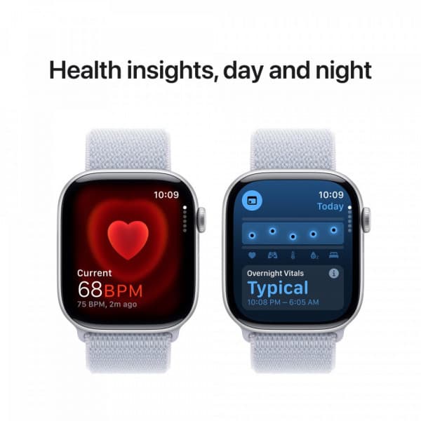 Apple Watch Series 10 (GPS) 46 mm silver aluminiumkapsel och blåaktigt Sport Loop-armband (MWWN3)