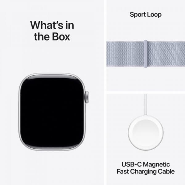 Apple Watch Series 10 (GPS) 46 mm silver aluminiumkapsel och blåaktigt Sport Loop-armband (MWWN3)