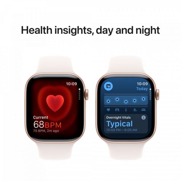 Apple Watch Series 10 (GPS) 46 mm roséguld aluminiumhölje och röd sportarmband, S/M (MWWT3)