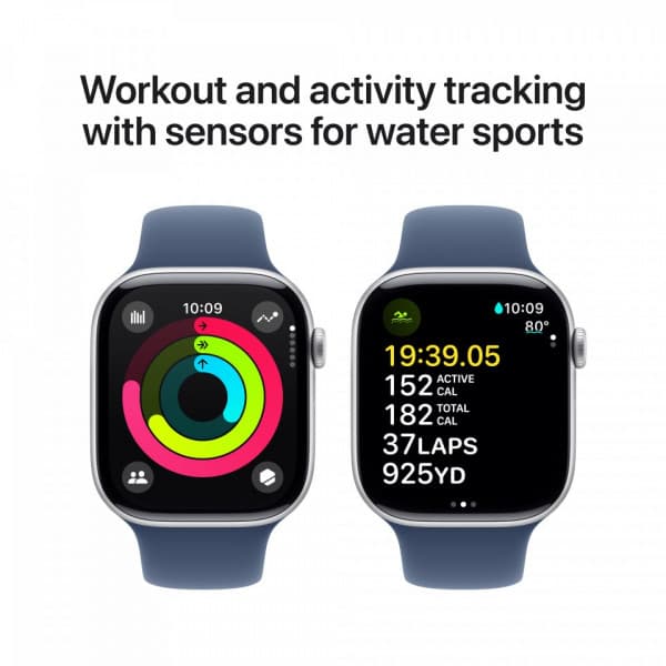 Apple Watch Series 10 (GPS + Cellular) 46 mm silver aluminiumboett och jeansblå sportarmband, M/L (MWY13)