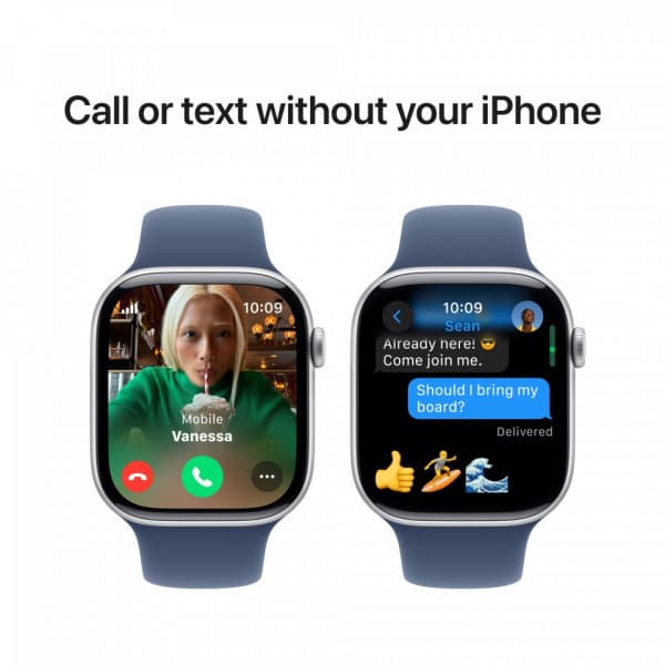 Apple Watch Series 10 (GPS + Cellular) 46 mm silver aluminiumboett och jeansblå sportarmband, M/L (MWY13)