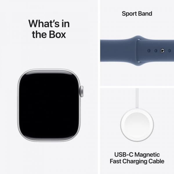 Apple Watch Series 10 (GPS + Cellular) 46 mm silver aluminiumboett och jeansblå sportarmband, M/L (MWY13)