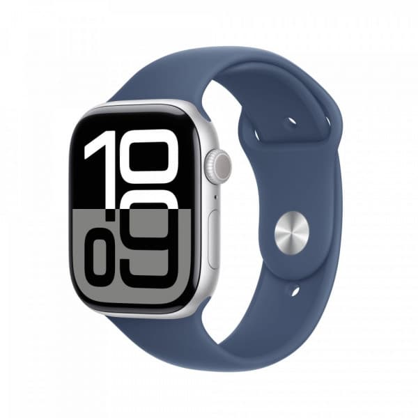 Apple Watch Series 10 (GPS + Cellular) 46 mm silver aluminiumboett och jeansblå sportarmband, M/L (MWY13)