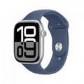 Miniatyrbild 1 av 9: Apple Watch Series 10 (GPS + Cellular) 46 mm silver aluminiumboett och jeansblå sportarmband, M/L (MWY13)