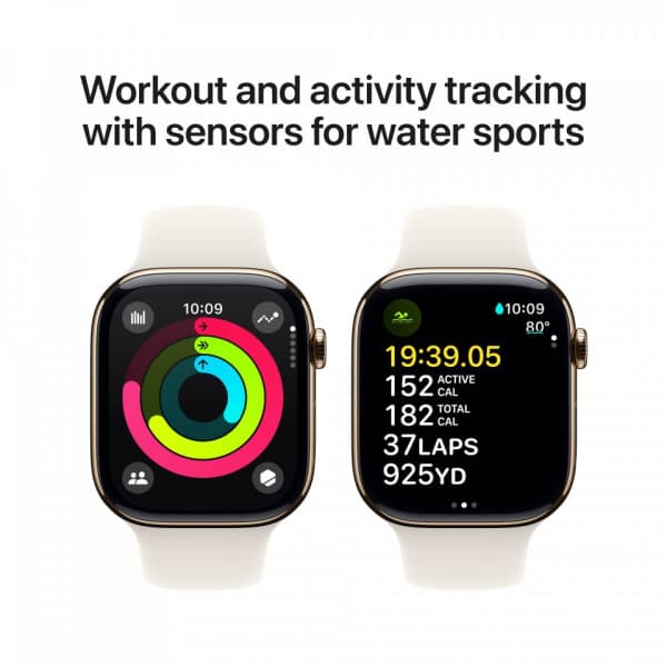 Apple Watch Series 10 (GPS + Cellular) 46 mm mörkgrå titanboett och stjärnvitt sportarmband, M/L (MWYY3)