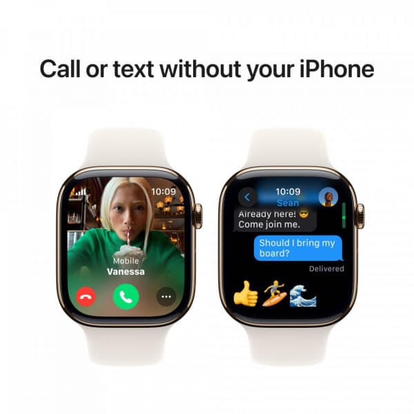 Apple Watch Series 10 (GPS + Cellular) 46 mm mörkgrå titanboett och stjärnvitt sportarmband, M/L (MWYY3)