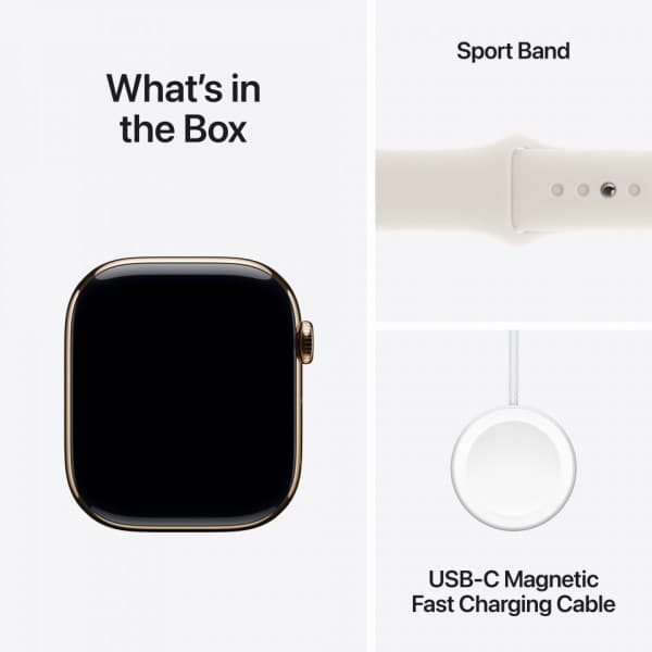 Apple Watch Series 10 (GPS + Cellular) 46 mm mörkgrå titanboett och stjärnvitt sportarmband, M/L (MWYY3)