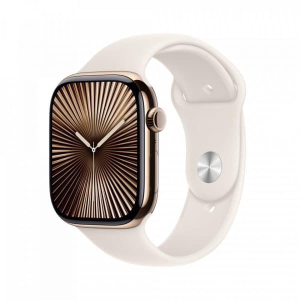Apple Watch Series 10 (GPS + Cellular) 46 mm mörkgrå titanboett och stjärnvitt sportarmband, M/L (MWYY3)