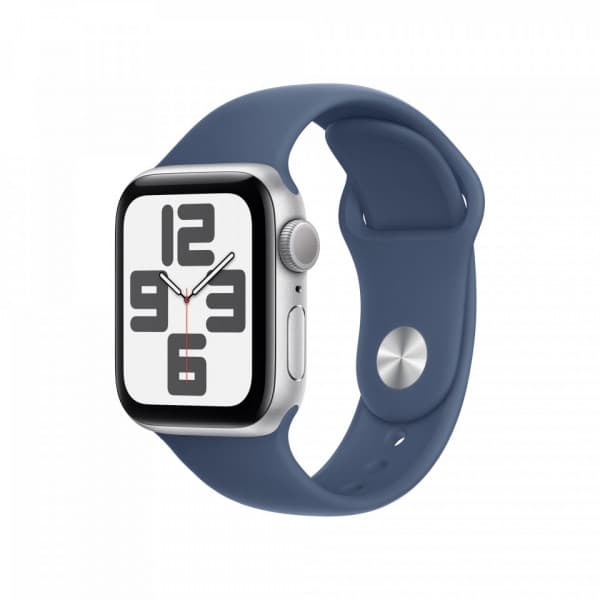 Apple Watch SE (GPS) 40 mm hopea alumiinikuori ja farkunsininen urheiluranneke, S/M (MXEC3)